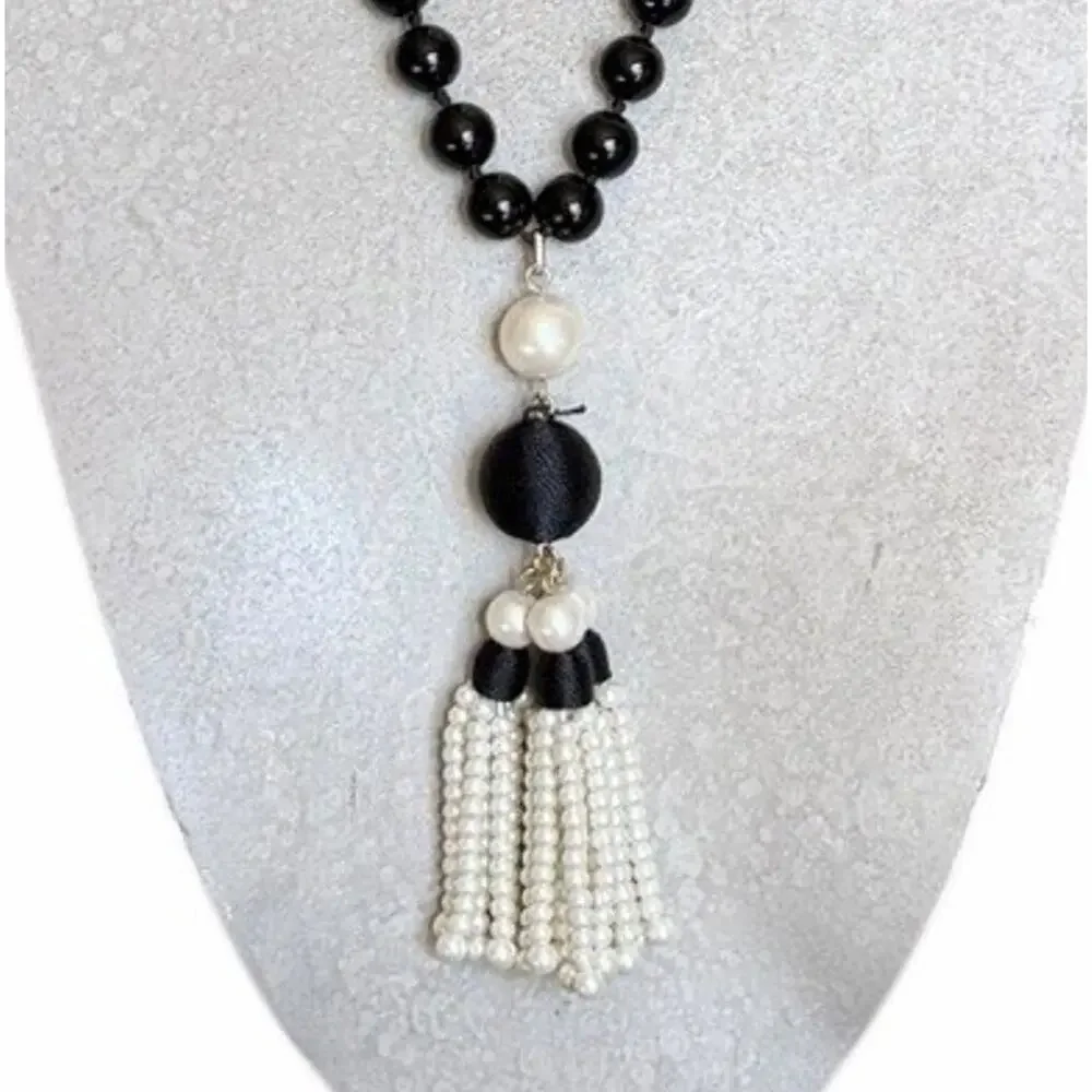 Amy Taylor Black Beaded Tassel Necklace Faux Pearl Statement Jewelry